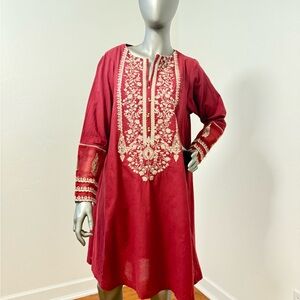 Sapphire Burgundy Cotton Tunic Top Gold Embroidery Long Sleeved Dress‎
